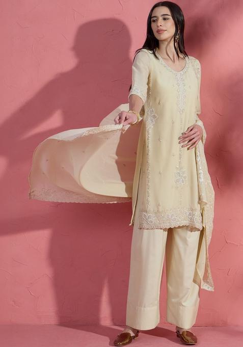 Yellow Embroidered Silk Blend Kurta Sets