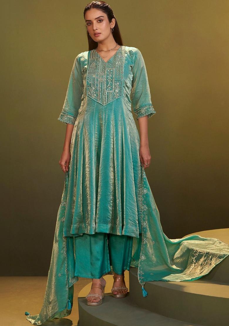 Blue Printed Tissue Anarkli Sets - Indya