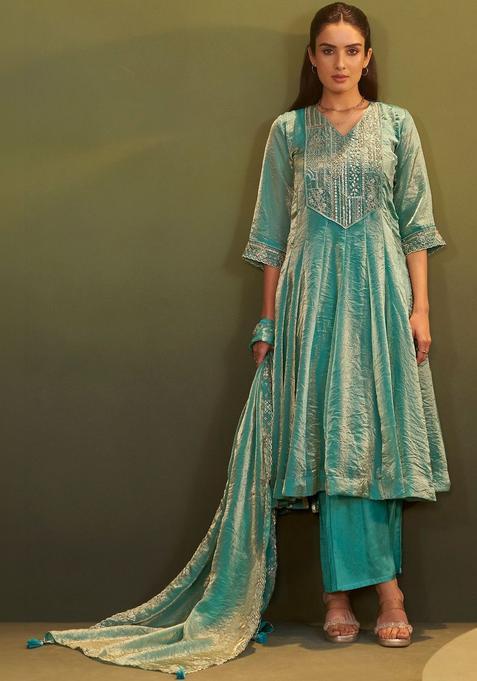 Blue Printed Tissue Anarkli Sets