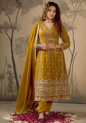 Mustard Embroidered Georgette Anarkli Sets