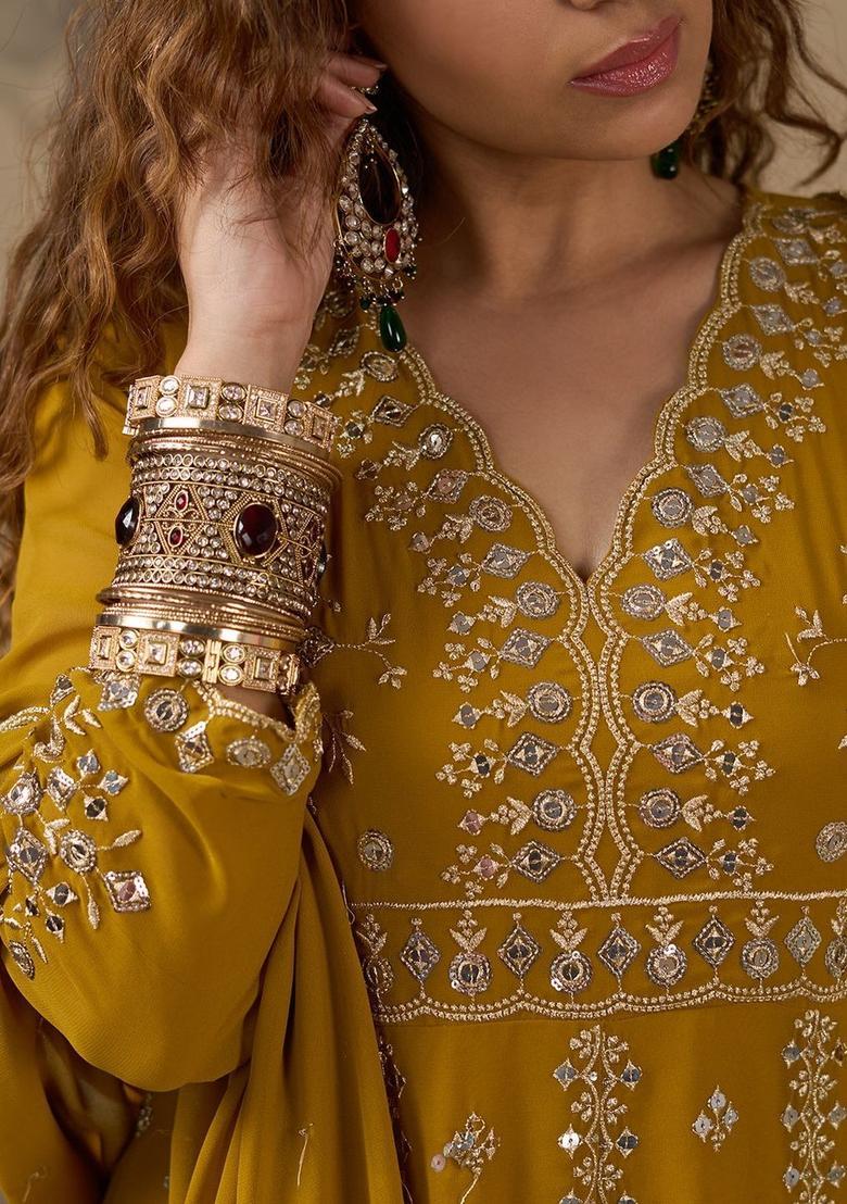 Mustard Embroidered Georgette Anarkli Sets - Indya