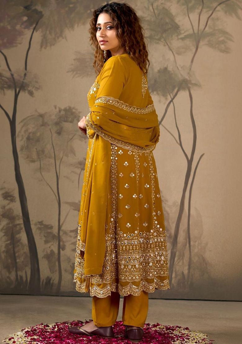 Mustard Embroidered Georgette Anarkli Sets - Indya