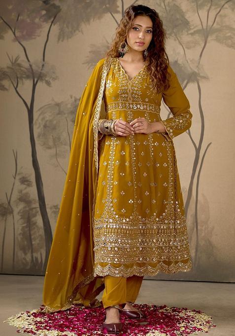Mustard Embroidered Georgette Anarkli Sets