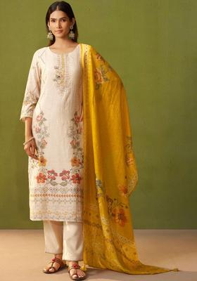 Cream Printed Linen Kurta Sets