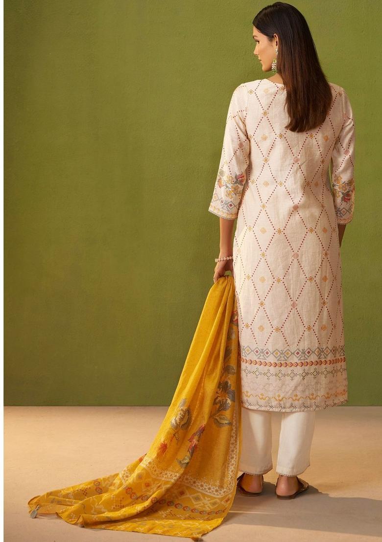 Cream Printed Linen Kurta Sets - Indya