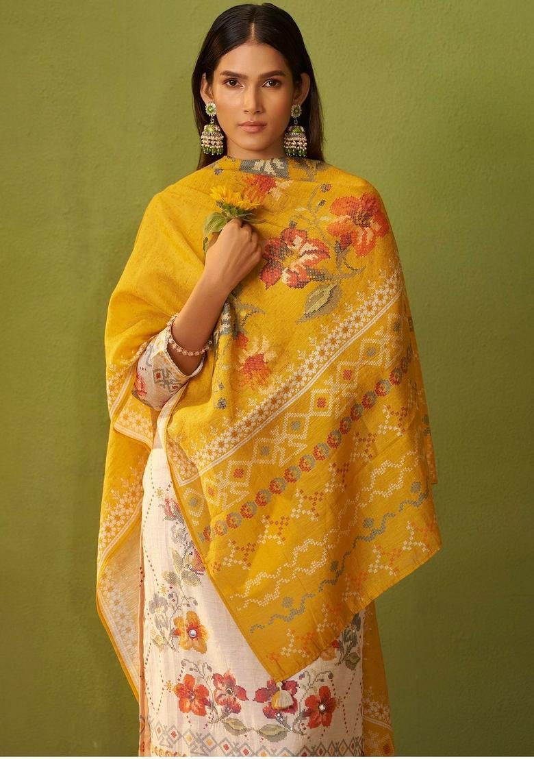 Cream Printed Linen Kurta Sets - Indya