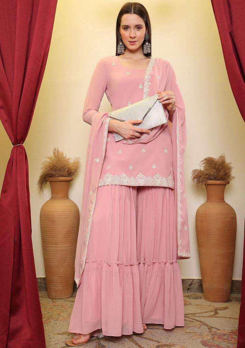 Pink Embroidered Georgette Kurta Sets - Indya