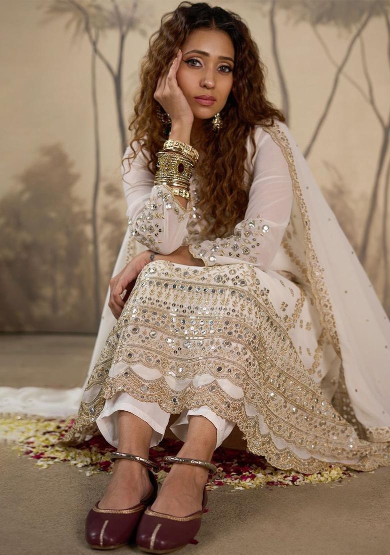 White Printed Georgette Anarkli Sets - Indya