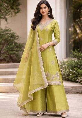 Lime Green Embroidered Tissue Kurta Sets