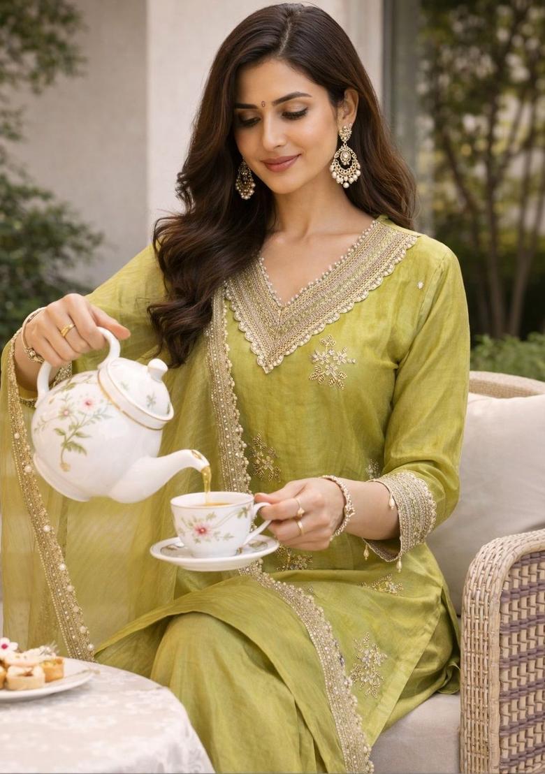 Lime Green Embroidered Tissue Kurta Sets - Indya