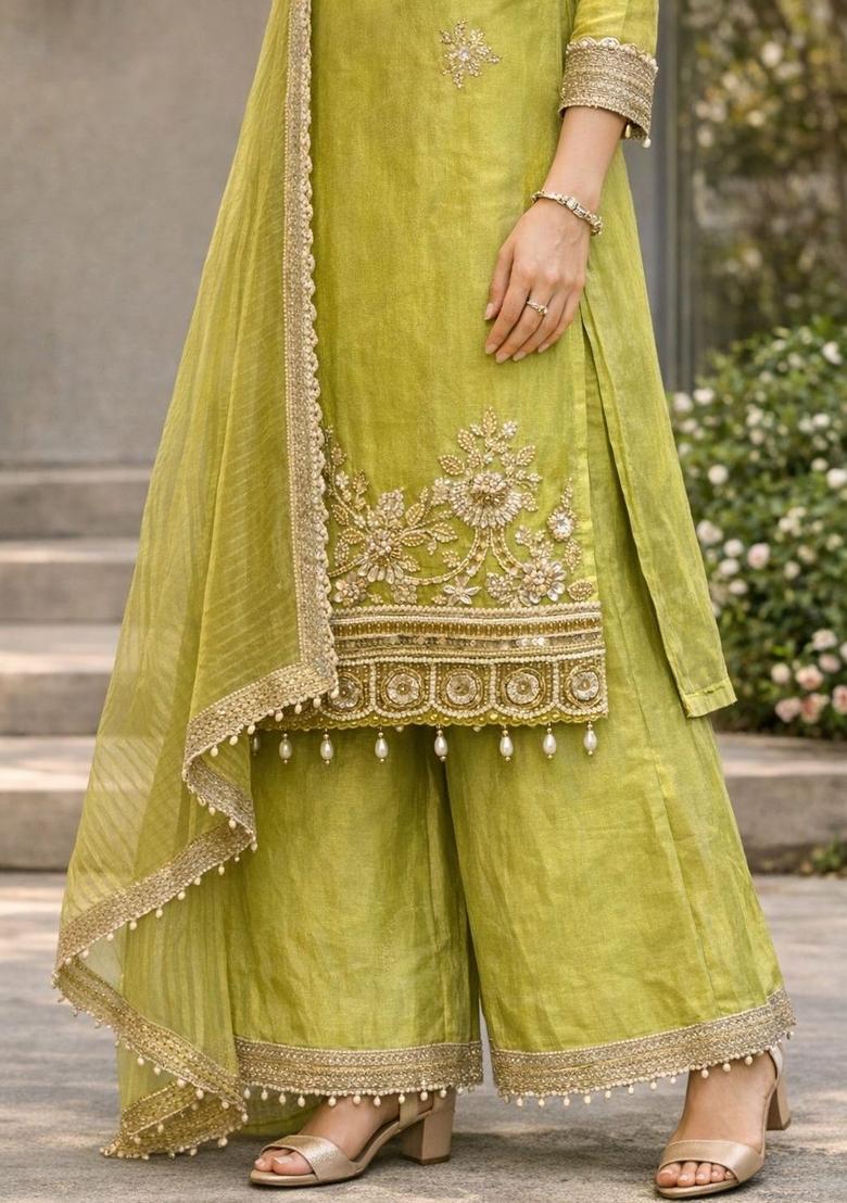 Lime Green Embroidered Tissue Kurta Sets - Indya