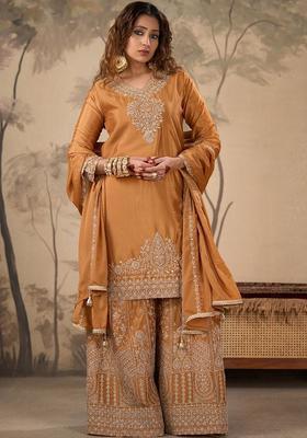 Brown Embroidered Chinon Kurta Sets