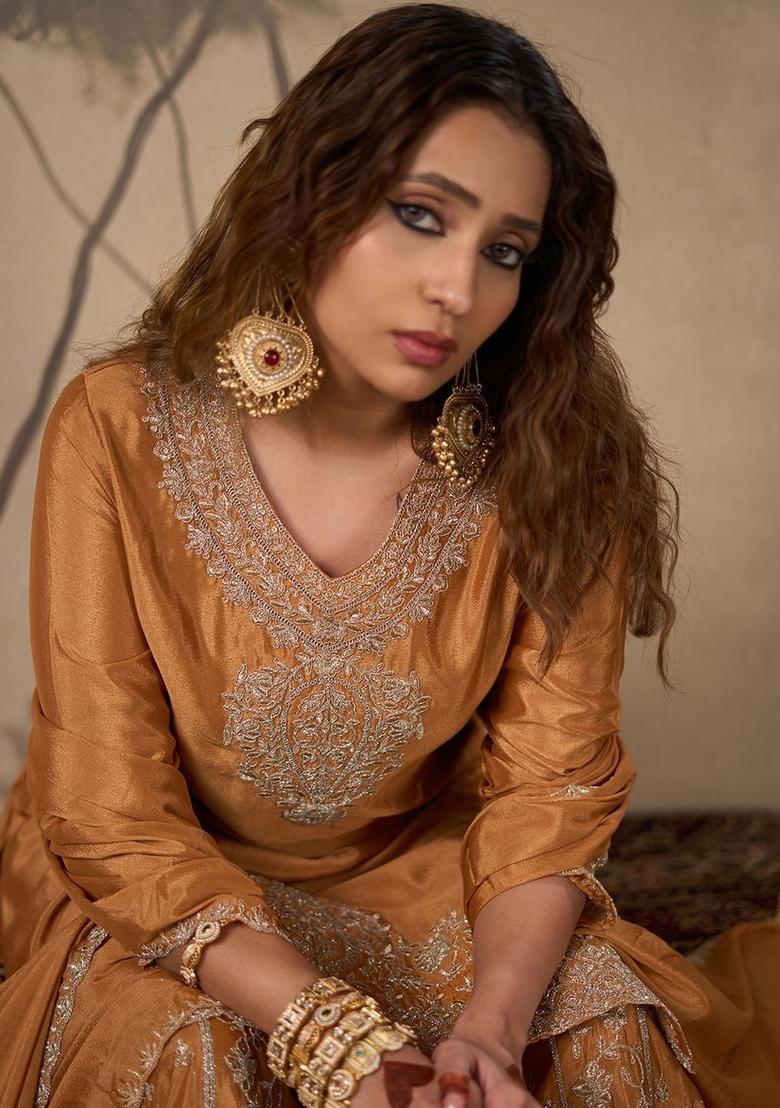 Brown Embroidered Chinon Kurta Sets - Indya