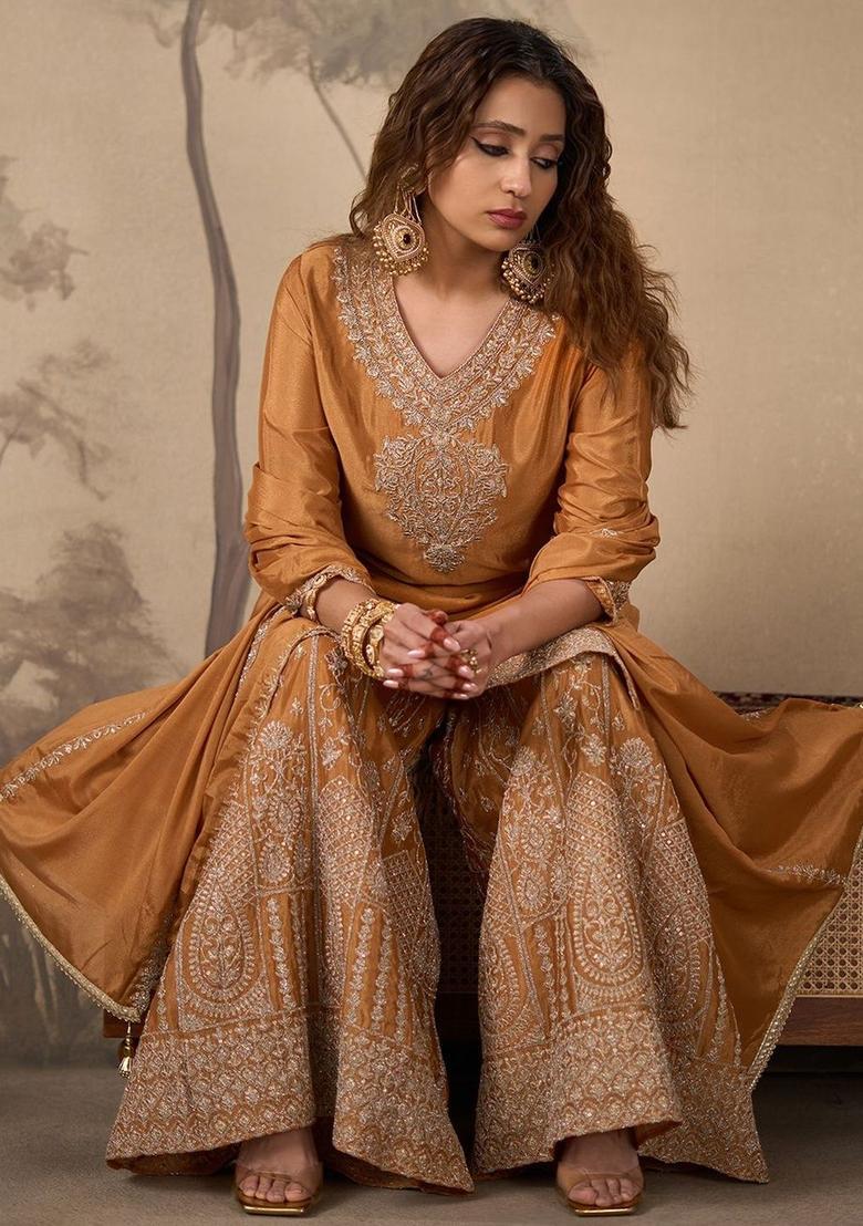 Brown Embroidered Chinon Kurta Sets - Indya