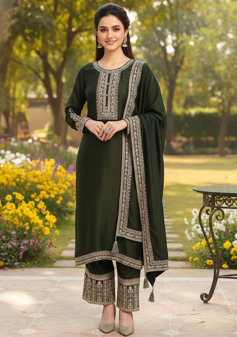Olive Embroidered Silk Blend Kurta Sets - Indya