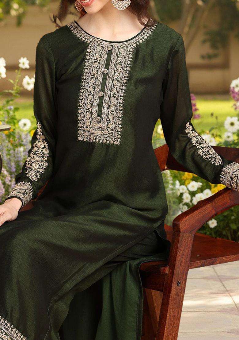 Olive Embroidered Silk Blend Kurta Sets - Indya