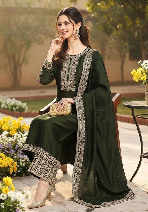 Olive Embroidered Silk Blend Kurta Sets