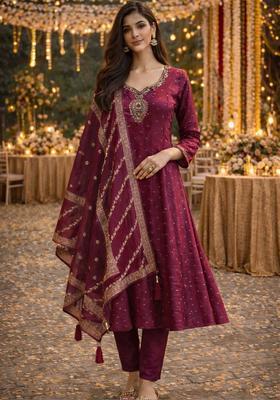 Maroon Embroidered Viscose Anarkli Sets