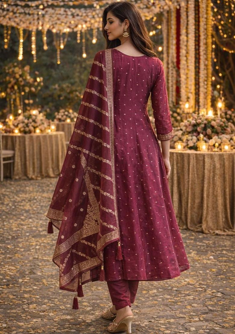 Maroon Embroidered Viscose Anarkli Sets - Indya