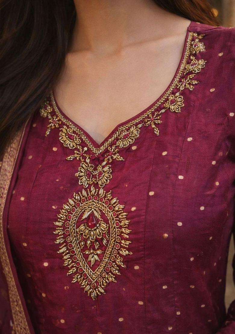 Maroon Embroidered Viscose Anarkli Sets - Indya