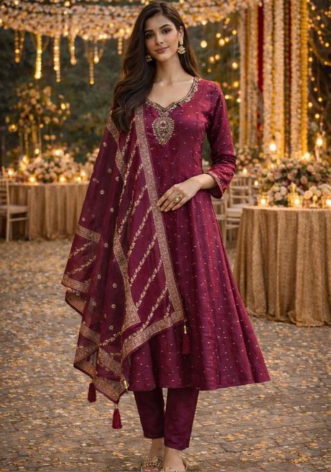 Maroon Embroidered Viscose Anarkli Sets