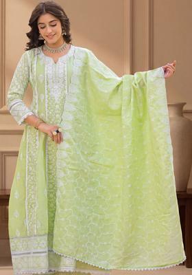 Green Embroidered Cotton Anarkli Sets