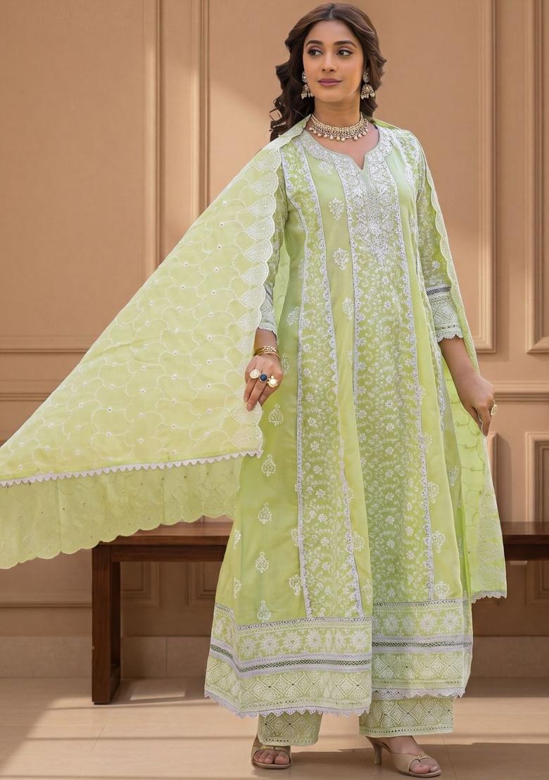 Green Embroidered Cotton Anarkli Sets - Indya