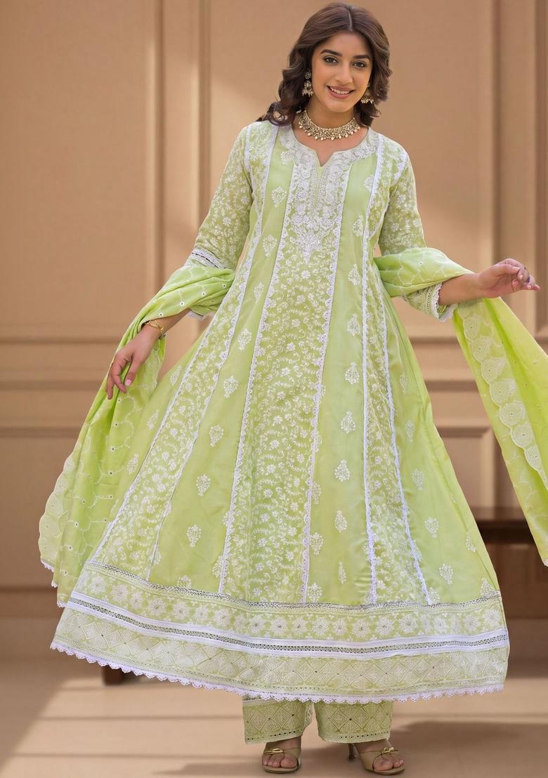 Green Embroidered Cotton Anarkli Sets - Indya