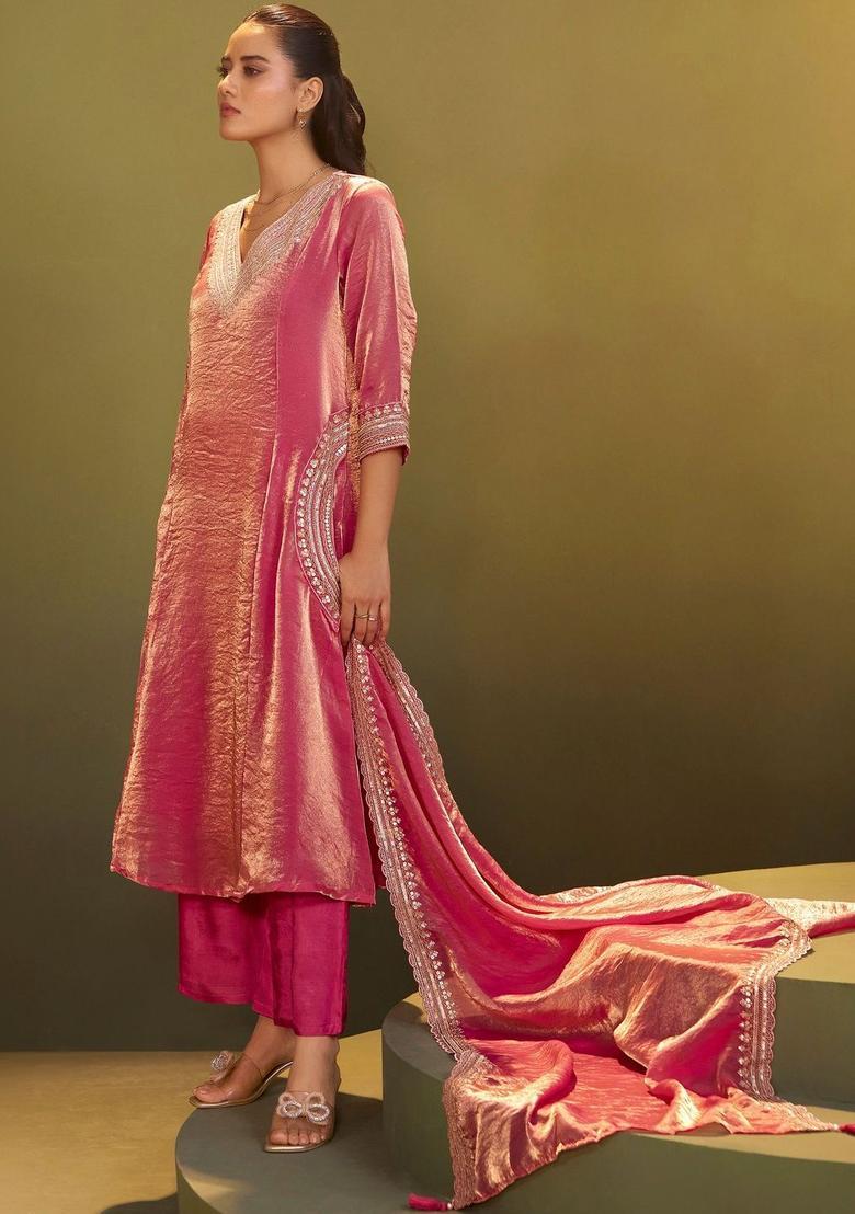 Fuchsia Embroidered Tissue Kurta Sets - Indya
