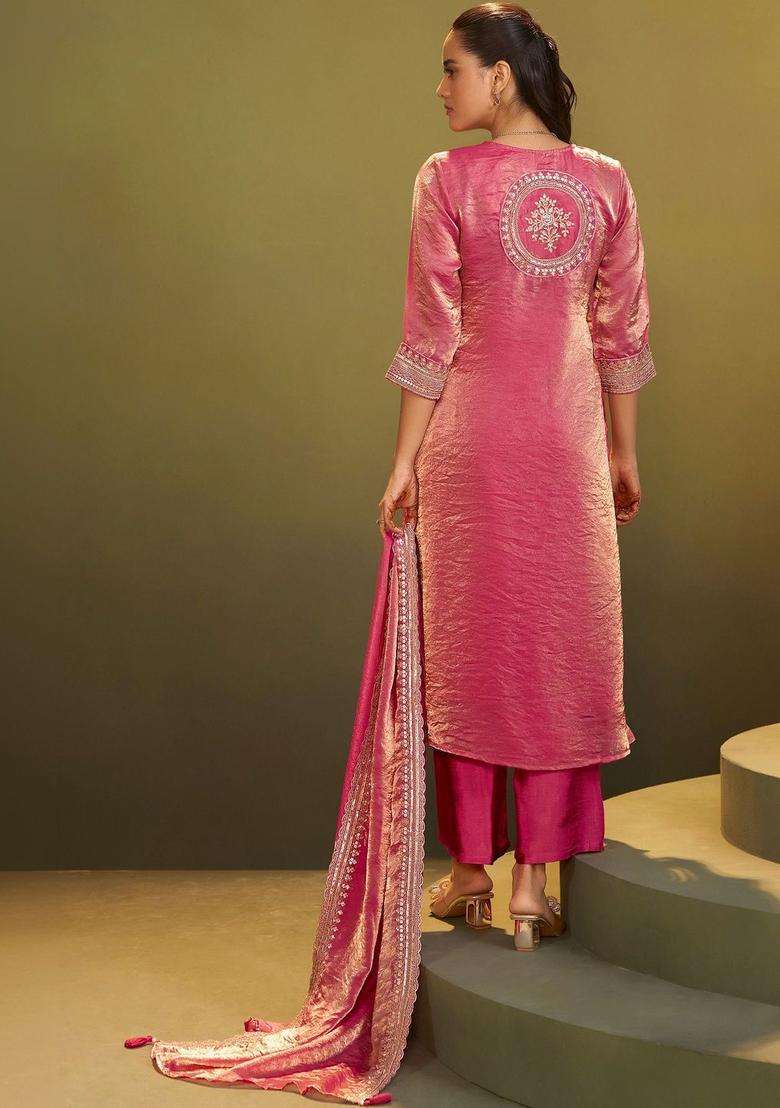 Fuchsia Embroidered Tissue Kurta Sets - Indya