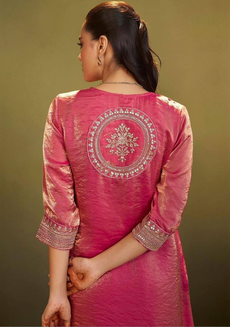 Fuchsia Embroidered Tissue Kurta Sets - Indya