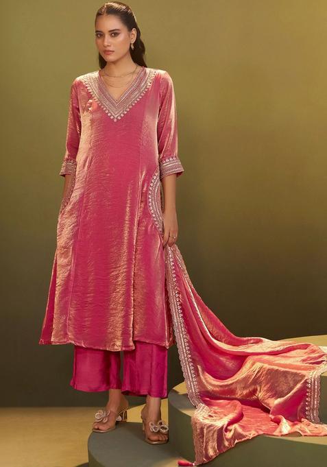 Fuchsia Embroidered Tissue Kurta Sets