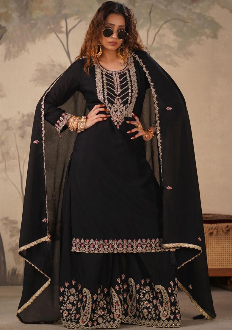 Black Yoke Design Chinon Kurta Sets - Indya