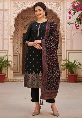 Black Woven Design Silk Blend Kurta Sets
