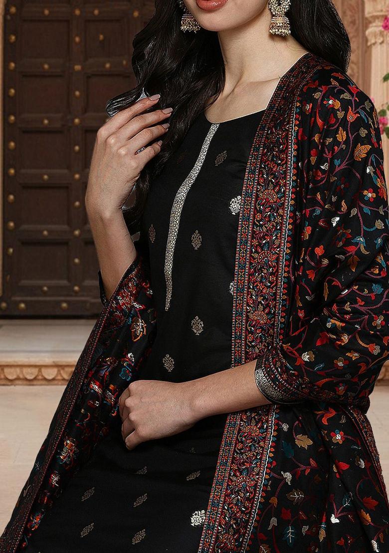 Black Woven Design Silk Blend Kurta Sets - Indya