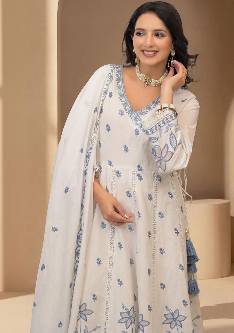 White Printed Cotton Anarkli Sets - Indya