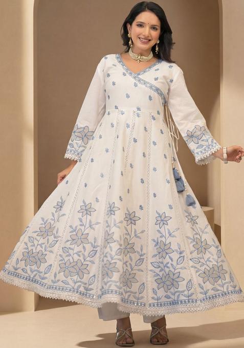 White Printed Cotton Anarkli Sets