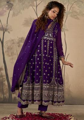 Purple Embroidered Georgette Anarkli Sets