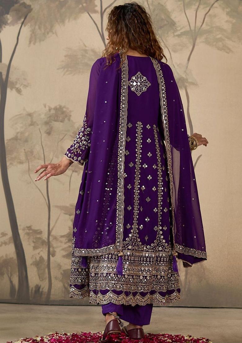 Purple Embroidered Georgette Anarkli Sets - Indya