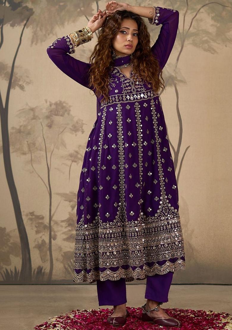 Purple Embroidered Georgette Anarkli Sets - Indya