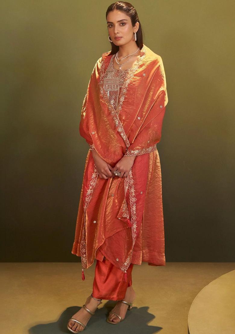 Orange Embroidered Tissue Anarkli Sets - Indya