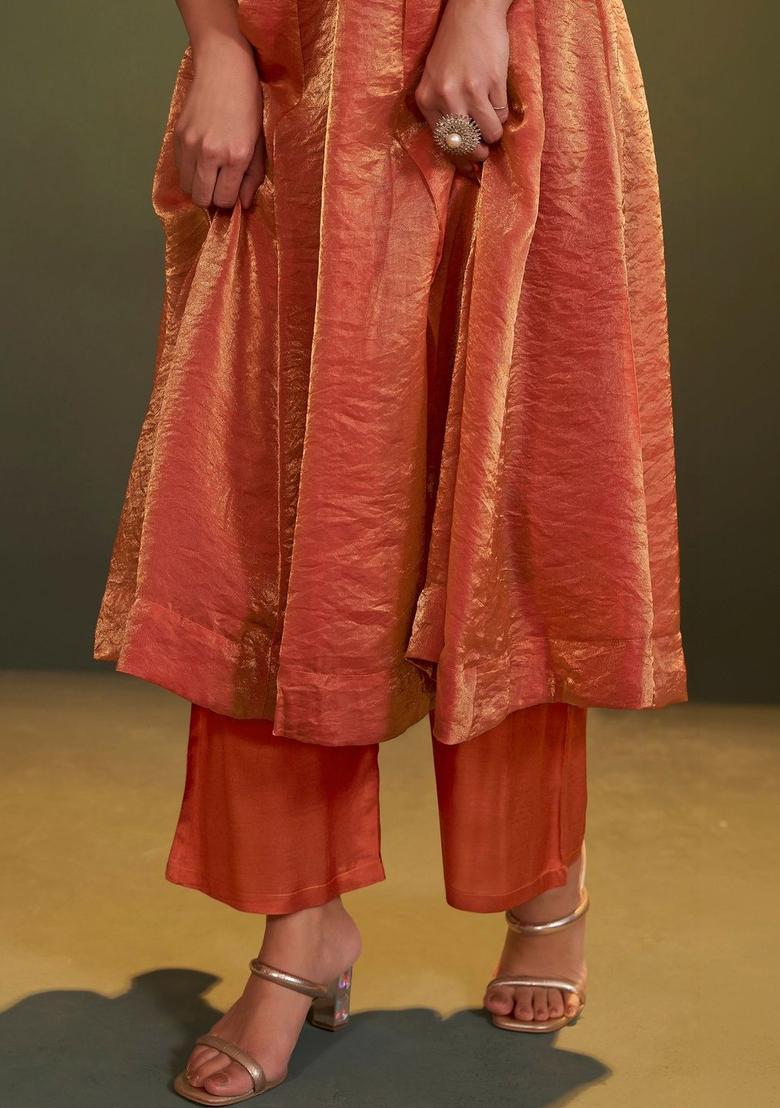 Orange Embroidered Tissue Anarkli Sets - Indya