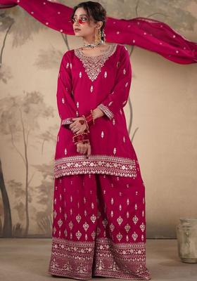 Purple Embroidered Silk Blend Kurta Sets