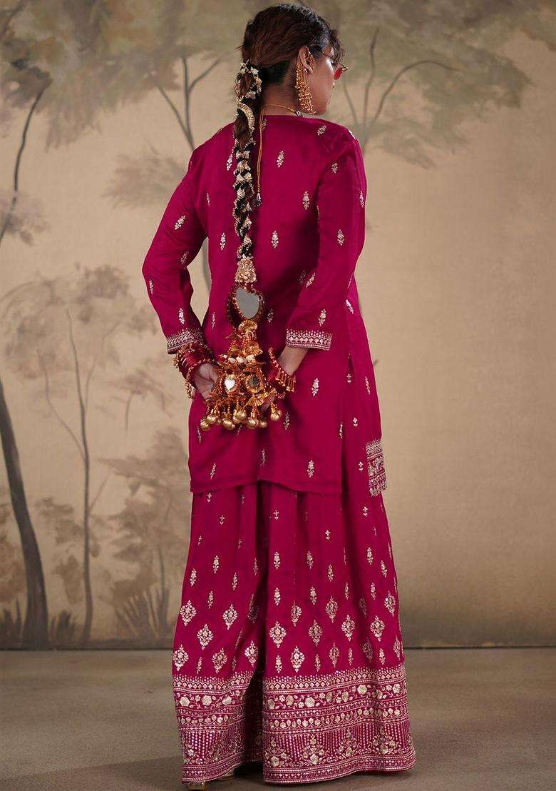 Purple Embroidered Silk Blend Kurta Sets - Indya
