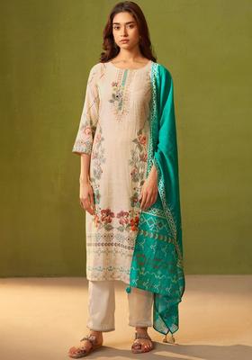 Cream Printed Linen Kurta Sets