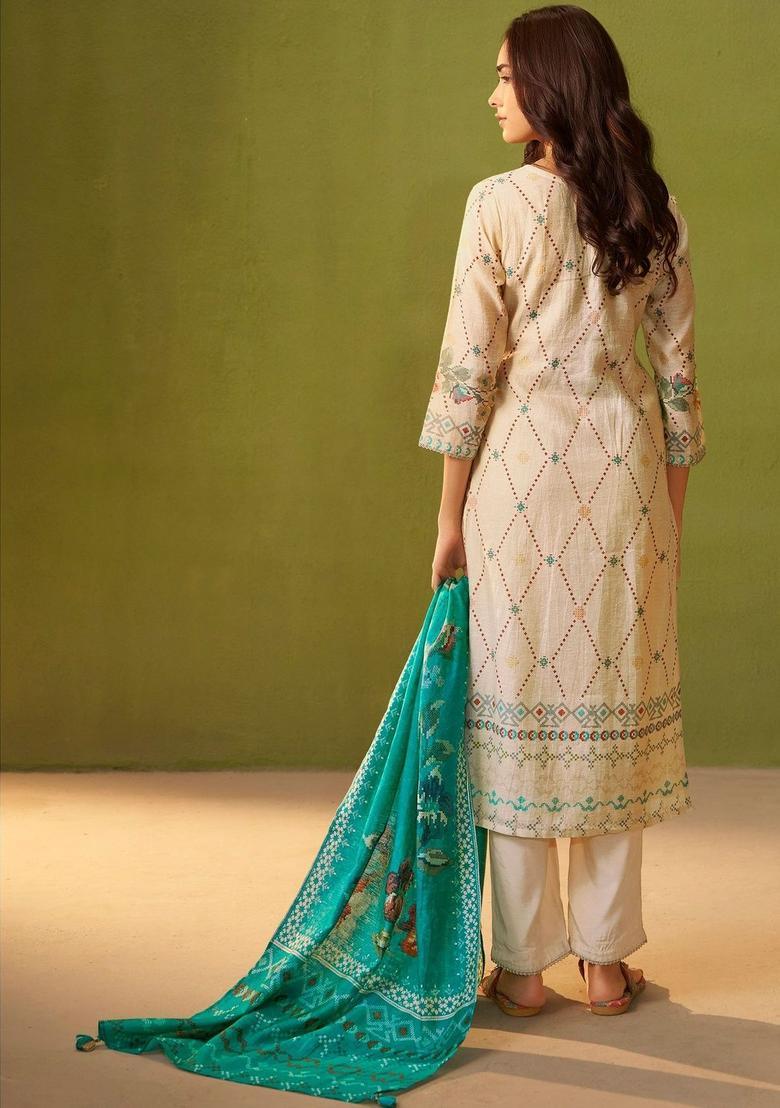 Cream Printed Linen Kurta Sets - Indya