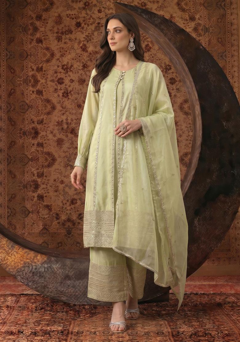 Green Embroidered Polyester Kurta Sets - Indya