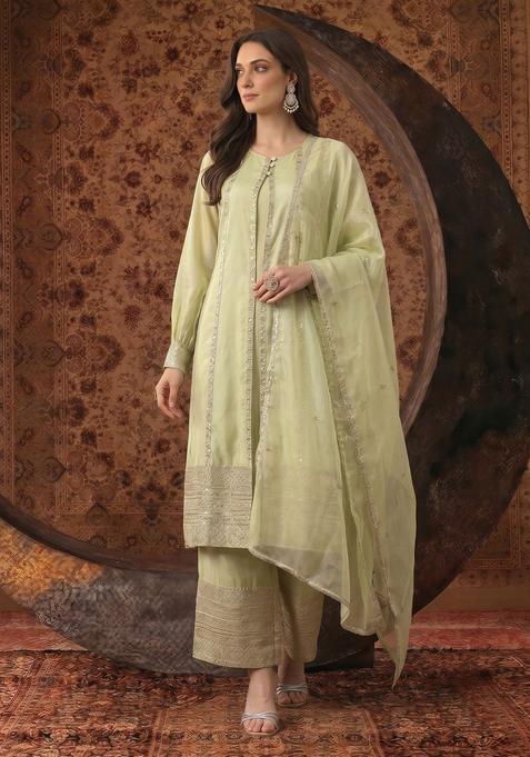Green Embroidered Polyester Kurta Sets