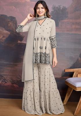 Beige Embroidered Georgette Kurta Sets
