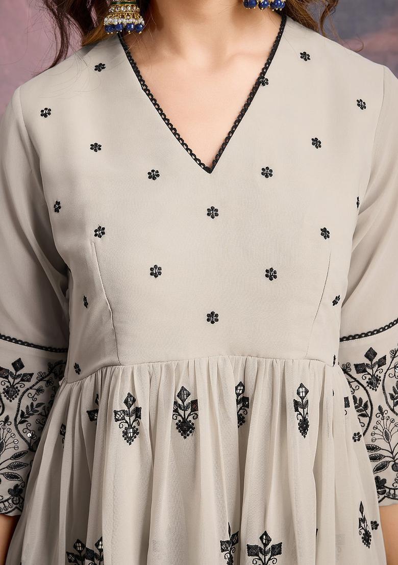 Beige Embroidered Georgette Kurta Sets - Indya